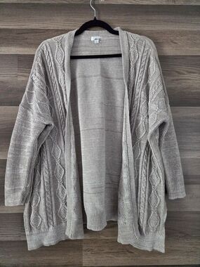 100% Cotton Oatmeal Heather Abound Open-Front Cable Knit Cardigan, Size Medium